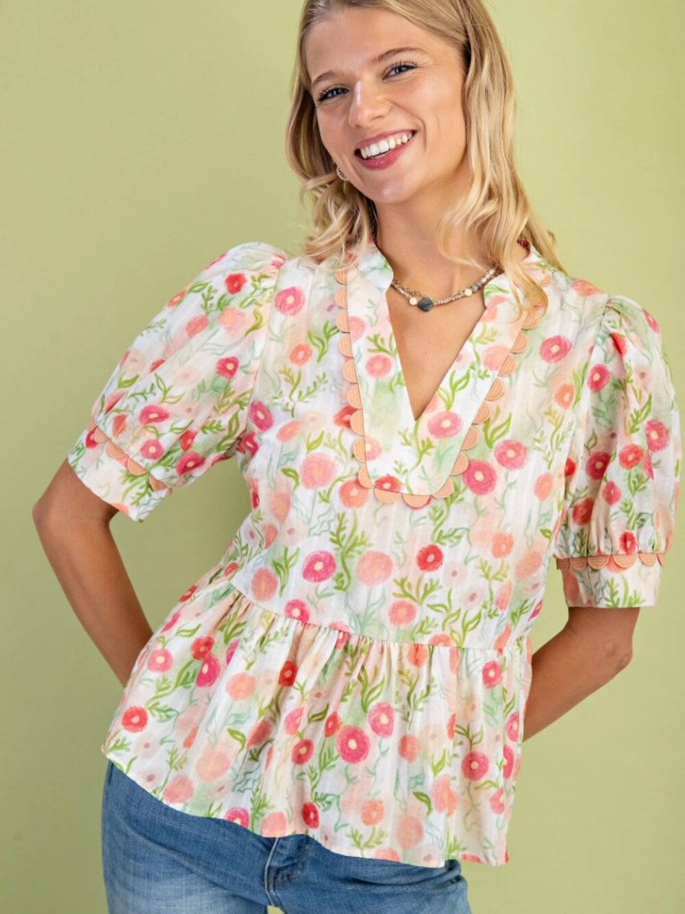 Floral Pullover Babydoll Top with ric rac - Picture 4 of 4
